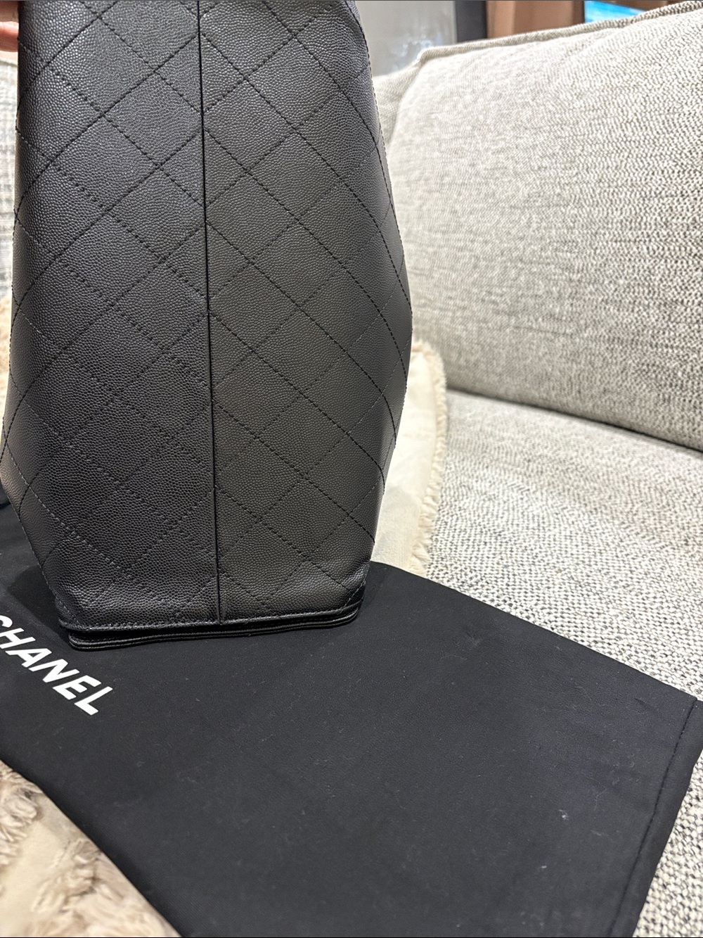 Black Quilted Medium 25 Leather Drawstring Tote with Gold CC Chain - Picture 6 of 10